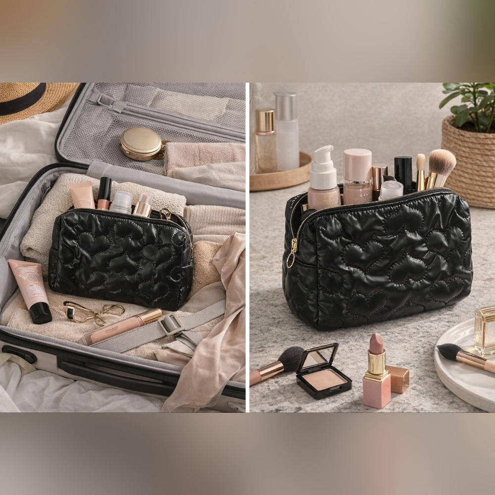 Elegant Black Heart Quilted Cosmetic Bag